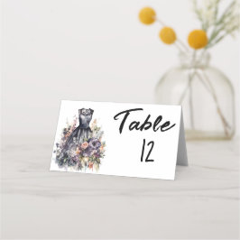 Waterverf roze roos zwarte trouwjurk plaatskaartje