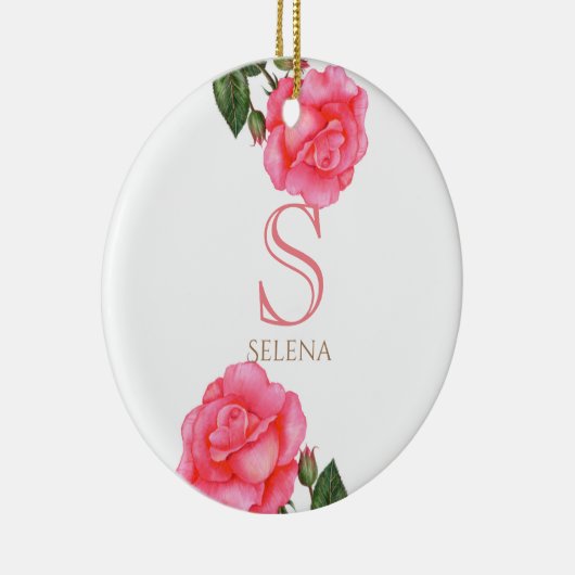 Waterverf Roze Rose Botanische Florence Kunstmonog Keramisch Ornament (Rechts)