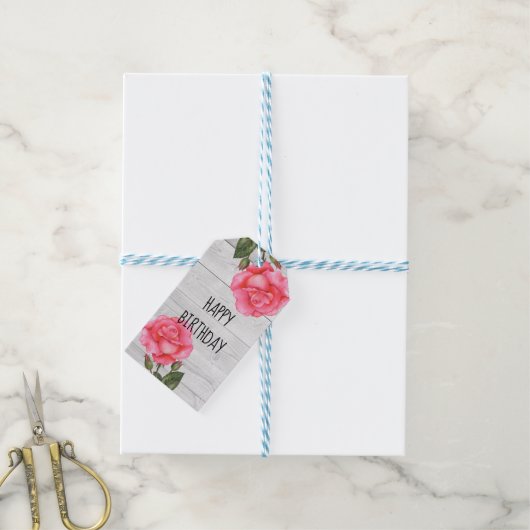 Waterverf Roze Rose Rustiek Ontwerp Happy Birthday Cadeaulabel (Met Touw)