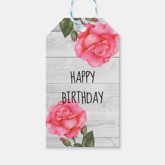 Waterverf Roze Rose Rustiek Ontwerp Happy Birthday Cadeaulabel (Voorkant)