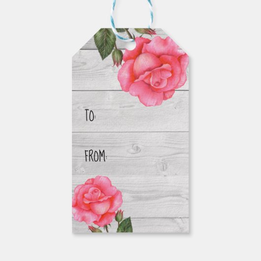 Waterverf Roze Rose Rustiek Ontwerp Happy Birthday Cadeaulabel (Achterkant)