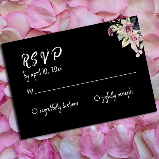 Waterverf roze rose zwarte jurk bruiloft RSVP Informatiekaartje