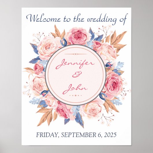 Waterverf roze Roses Chic Wedding Welkom Poster (Voorkant)