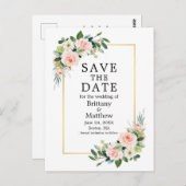 Waterverf Roze Roses Gold Lijst sparen de datum Briefkaart (Voorkant / Achterkant)