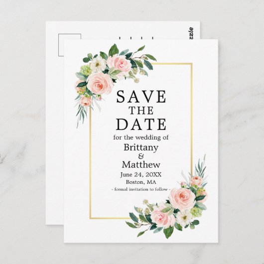 Waterverf Roze Roses Gold Lijst sparen de datum Briefkaart (Voorkant / Achterkant)