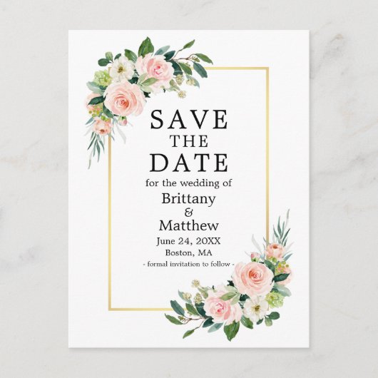 Waterverf Roze Roses Gold Lijst sparen de datum Briefkaart (Voorkant)