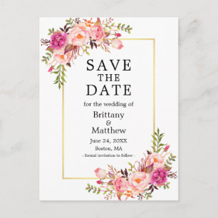 Waterverf Roze Roses Gold Lijst sparen de datum Briefkaart