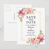 Waterverf Roze Roses Gold Lijst sparen de datum Briefkaart (Voorkant / Achterkant)