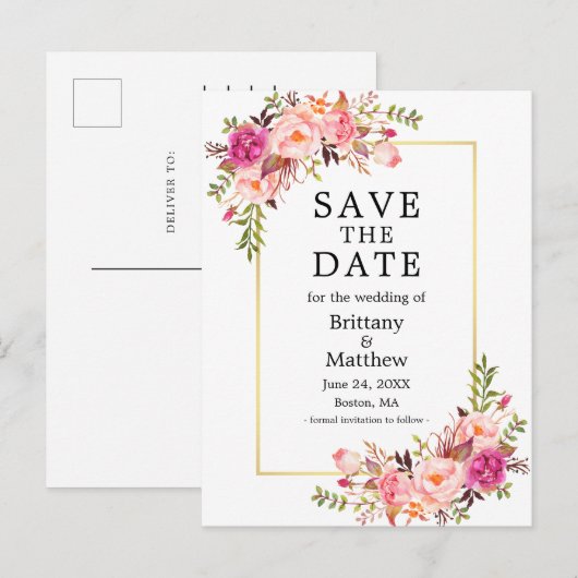 Waterverf Roze Roses Gold Lijst sparen de datum Briefkaart (Voorkant / Achterkant)