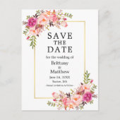 Waterverf Roze Roses Gold Lijst sparen de datum Briefkaart (Voorkant)