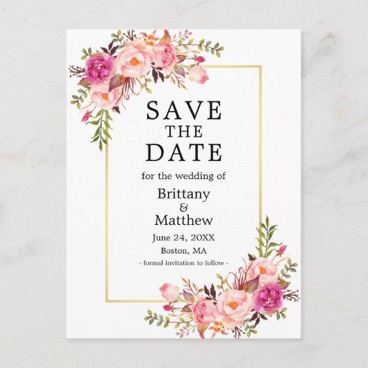 Waterverf Roze Roses Gold Lijst sparen de datum Briefkaart (Voorkant)