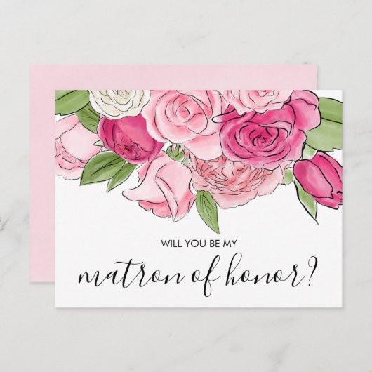 Waterverf roze Roses My Matron of Honor Briefkaart (Voorkant / Achterkant)