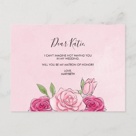 Waterverf roze Roses My Matron of Honor Briefkaart (Achterkant)