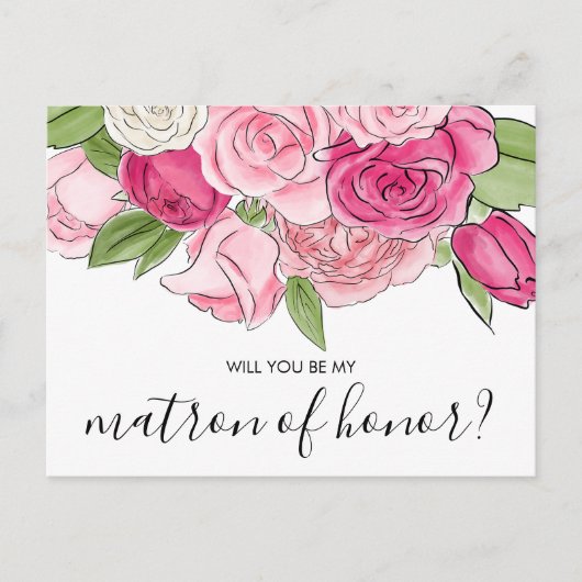 Waterverf roze Roses My Matron of Honor Briefkaart (Voorkant)