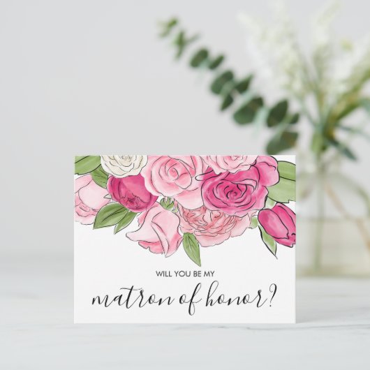 Waterverf roze Roses My Matron of Honor Briefkaart (Staand voorkant)