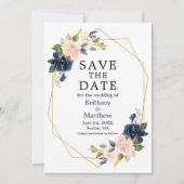 Waterverf roze Roses Navy Blue Gold Geo Lijst Save The Date (Voorkant)