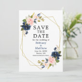 Waterverf roze Roses Navy Blue Gold Geo Lijst Save The Date (Staand voorkant)