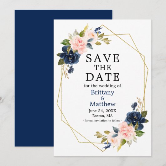 Waterverf roze Roses Navy Blue Gold Geo Lijst Save The Date (Voorkant / Achterkant)