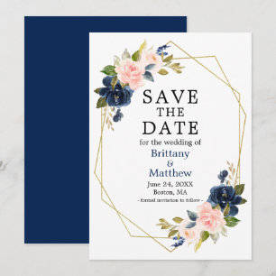 Waterverf roze Roses Navy Blue Gold Geo Lijst Save The Date