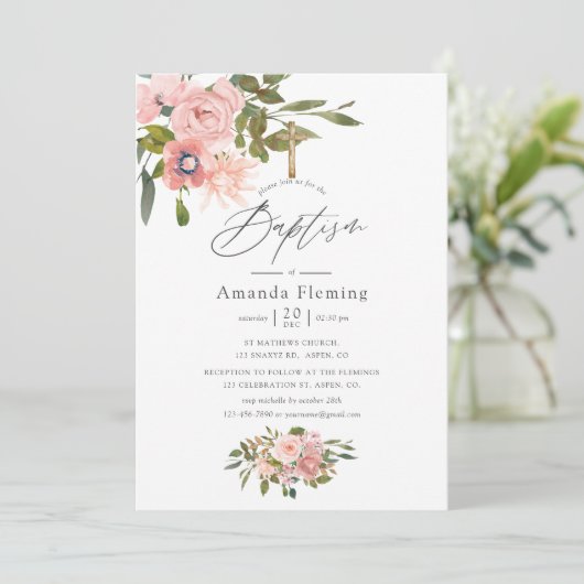 Waterverf Roze Roze en Roos Gouden Bloem Doop Kaart (Staand voorkant)