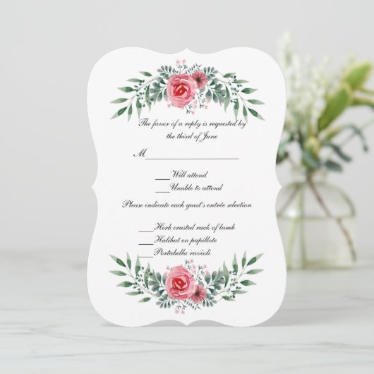 Waterverf Roze Roze Greenery Foliage RSVP Card Kaart (Staand voorkant)