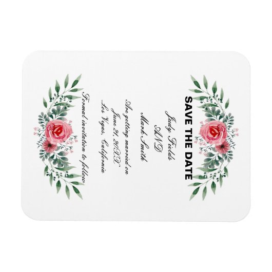 Waterverf roze roze groene foliage bespaart datum magneet (Horizontaal)