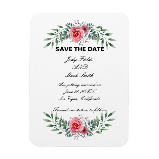 Waterverf roze roze groene foliage bespaart datum magneet (Verticaal)