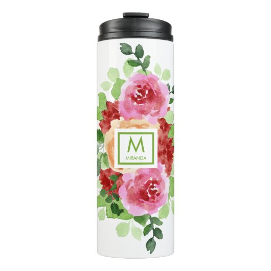 Waterverf Roze Roze Rode Bloemen Monogram Thermosbeker (Voorkant)
