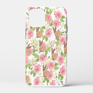 Waterverf roze roze rozen florale bruine konijnenk iPhone 12 mini hoesje