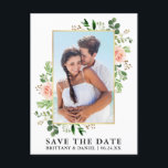 Waterverf roze roze rozen slaan de datum op briefkaart<br><div class="desc">Moderne Waterverf Eucalyptus Greenery Pink Roses Lijst Save the Date Photo Verloving Annountion Briefkaart - Gold Lijst</div>
