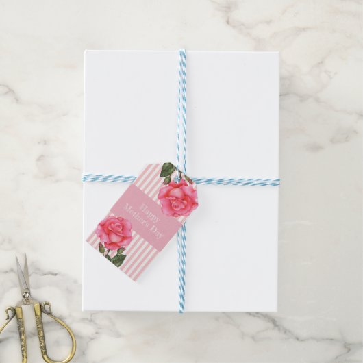 Waterverf Roze Roze Wit Strepen Moederdag Cadeaulabel (Met Touw)