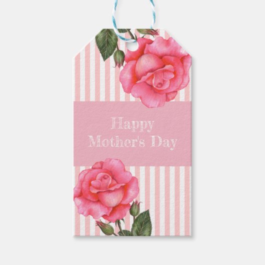Waterverf Roze Roze Wit Strepen Moederdag Cadeaulabel (Voorkant)