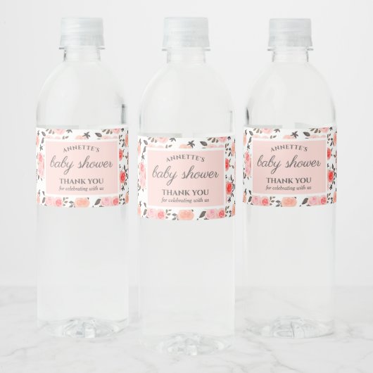 Waterverf roze rozen afbeelding Baby shower Waterfles Etiket (Flessen)