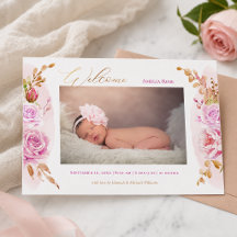 Waterverf Roze Rozen Baby Meisje Foto Geboorteaank