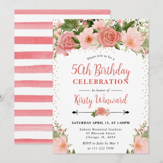 Waterverf Roze Rozen Bloemen 50ste verjaardag Kaart (Voorkant / Achterkant)