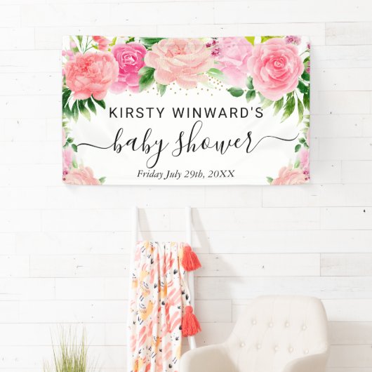 Waterverf Roze Rozen Bloemen Baby shower Welkom Spandoek (Insitu)