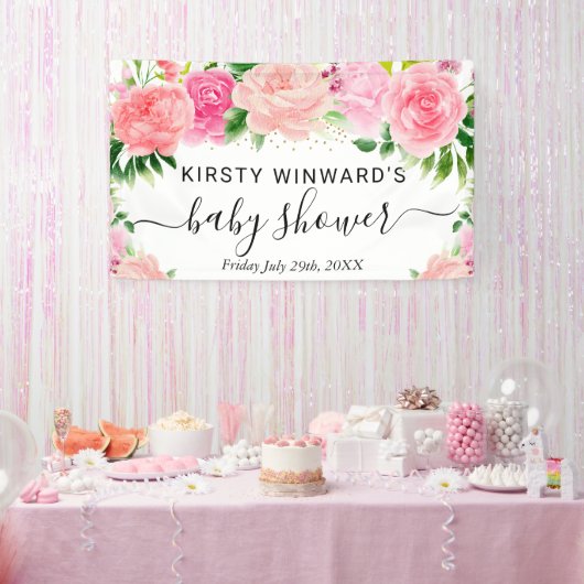 Waterverf Roze Rozen Bloemen Baby shower Welkom Spandoek (Feest)