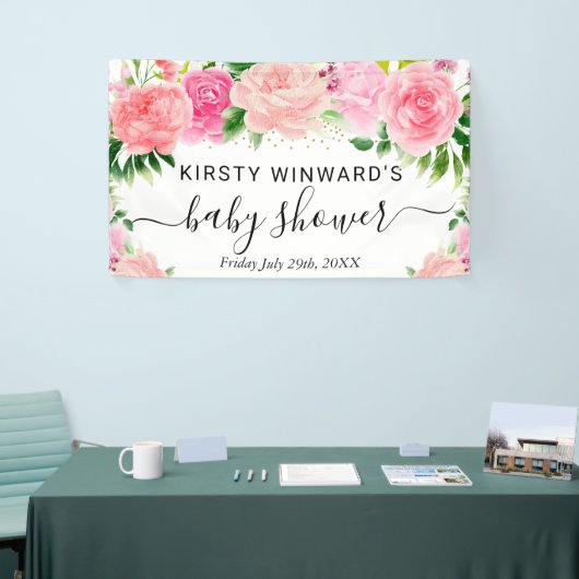 Waterverf Roze Rozen Bloemen Baby shower Welkom Spandoek (Beurs)