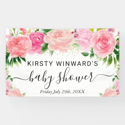 Waterverf Roze Rozen Bloemen Baby shower Welkom Spandoek (Horizontaal)