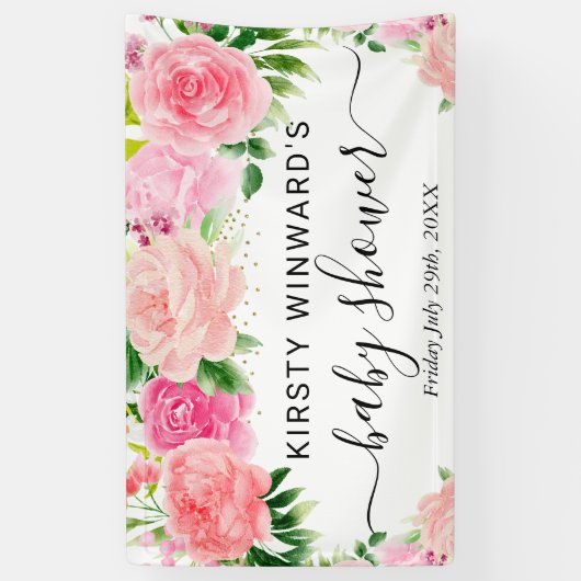 Waterverf Roze Rozen Bloemen Baby shower Welkom Spandoek (Verticaal)