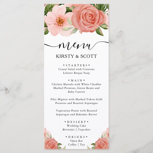 Waterverf Roze Rozen Bloemen Bruiloft Menu (Voorkant)