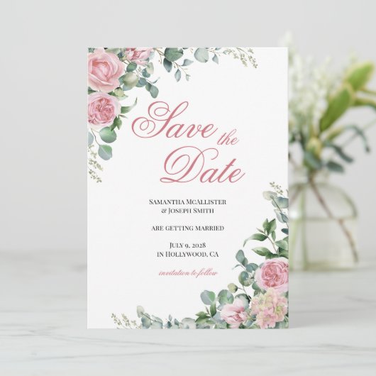 Waterverf Roze Rozen Bloemen Save The Date (Staand voorkant)