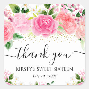 Waterverf Roze Rozen Bloemen Sweet Sixteen Vierkante Sticker