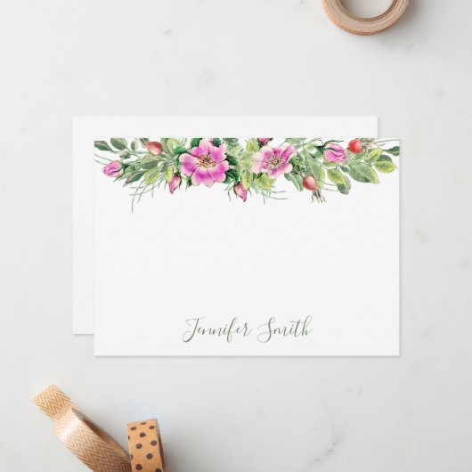 Waterverf Roze Rozen Bloemenarrangement Notitiekaartje (Voorkant / Achterkant in situ)