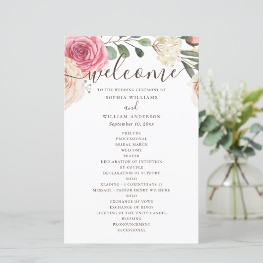 Waterverf roze rozen. Bloemig trouwprogramma (Staand voorkant)
