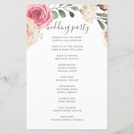 Waterverf roze rozen. Bloemig trouwprogramma (Achterkant)