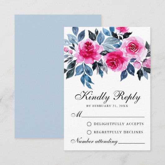Waterverf roze rozen botanische bruiloft RSVP Kaar Advieskaart (Voorkant / Achterkant)