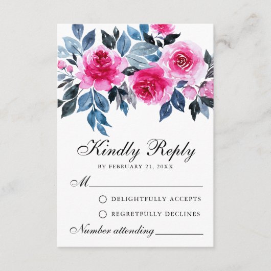Waterverf roze rozen botanische bruiloft RSVP Kaar Advieskaart (Voorkant)