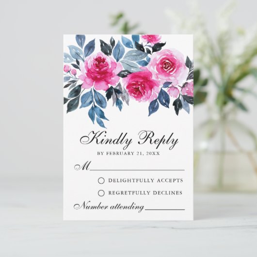 Waterverf roze rozen botanische bruiloft RSVP Kaar Advieskaart (Staand voorkant)