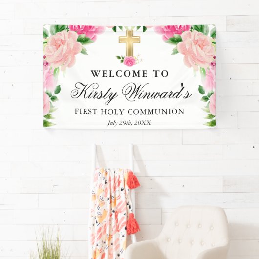 Waterverf Roze Rozen Eerste Heilige Communie Spandoek (Insitu)